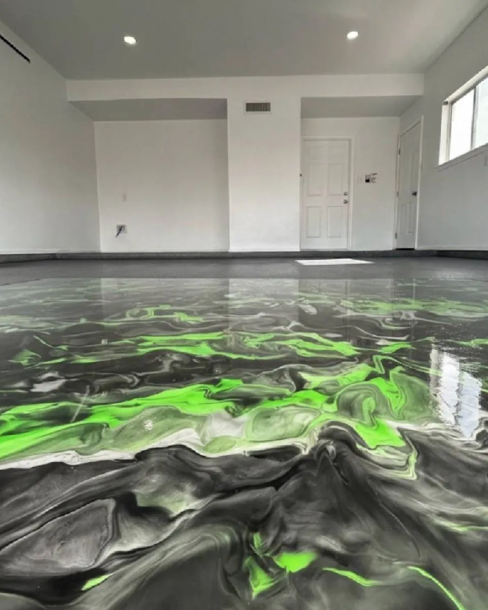 green and black metallic epoxy garage floor