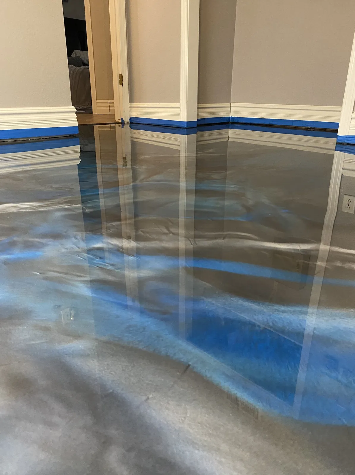 blue metallic epoxy interior floor
