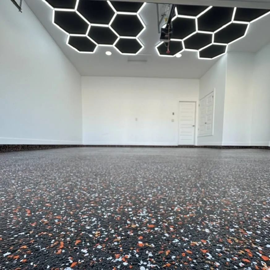 black, orange and white flake garage floor