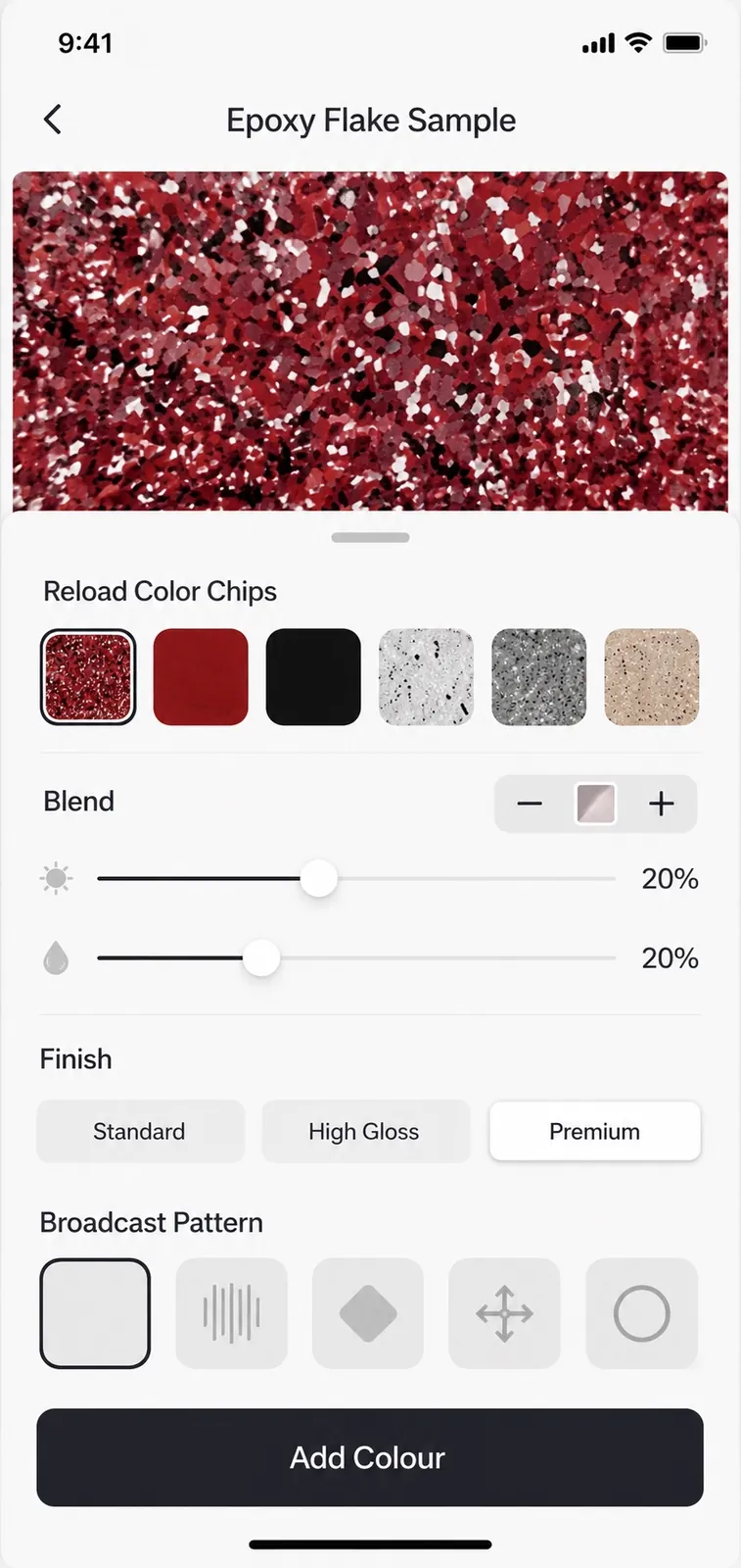 Floor visualizer app previewing a finish on a real garage floor
